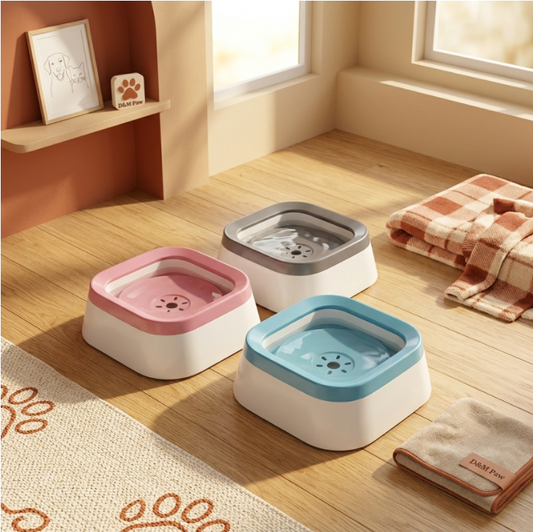 Non-spill water bowl for dogs and cats on a kitchen floor