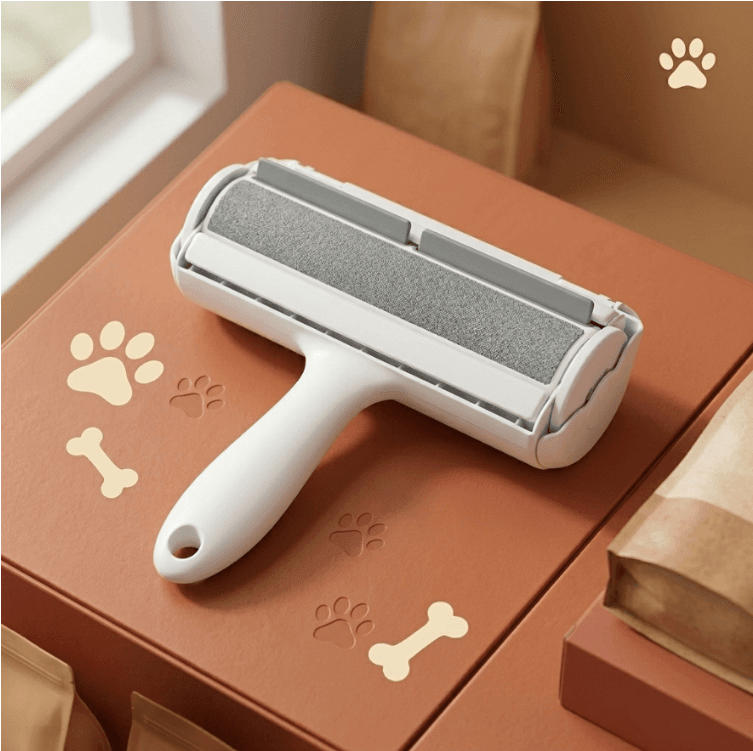 Reusable self-cleaning pet hair roller lifting fur from a fabric sofa