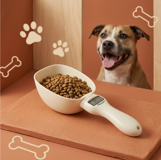 Digital pet food measuring scoop showing a weight reading