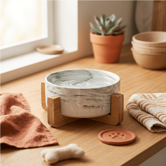 Slanted whisker-friendly cat bowl in a wooden frame